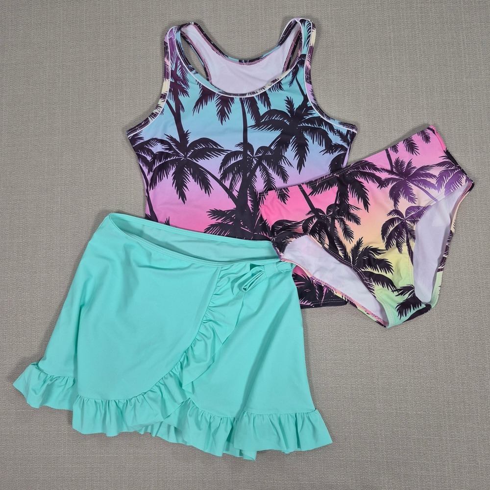 Girls Palm Tree Ombre 3 Piece Tankini Swimsuit Set with Ruffle Skirt Size 12T
